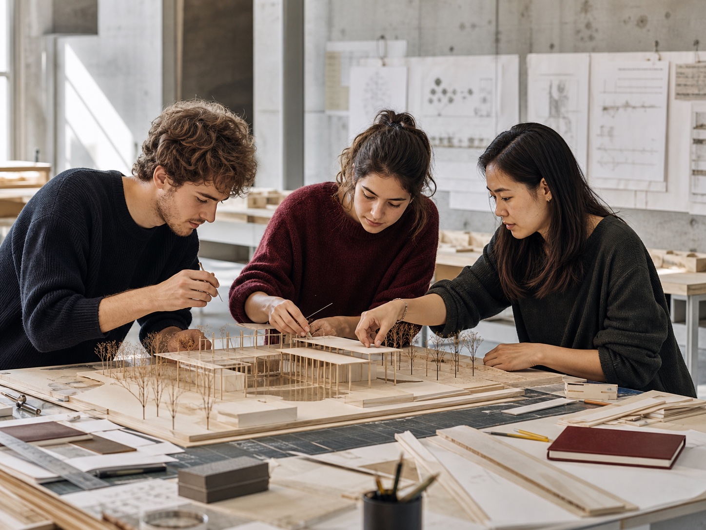 Architecture students building and reviewing a physical model in a studio.