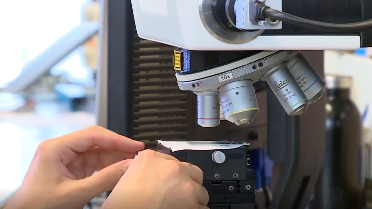A researcher works with a microscope in a biomedical engineering laboratory.