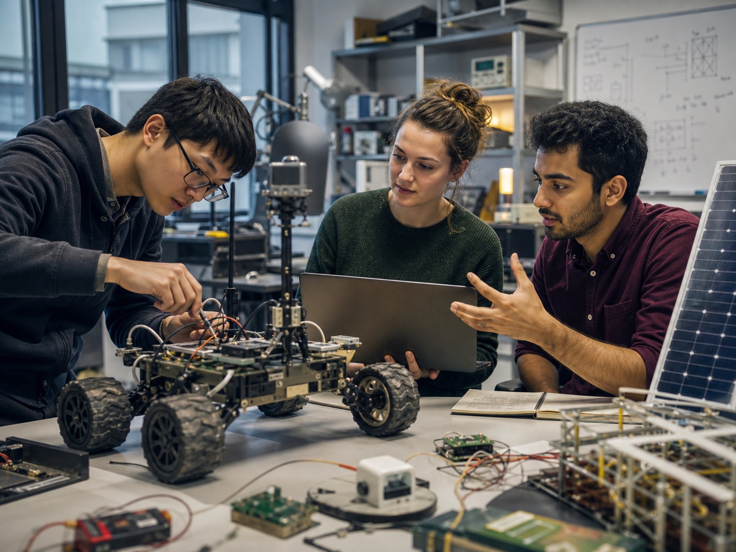 Researchers testing an autonomous rover and sensor system in a university laboratory.